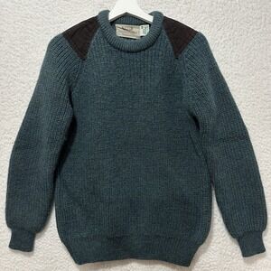 Aran‎ Sweater Market Irish Fishermans Ribbed Sweater with Patches 100% Wool Sz M